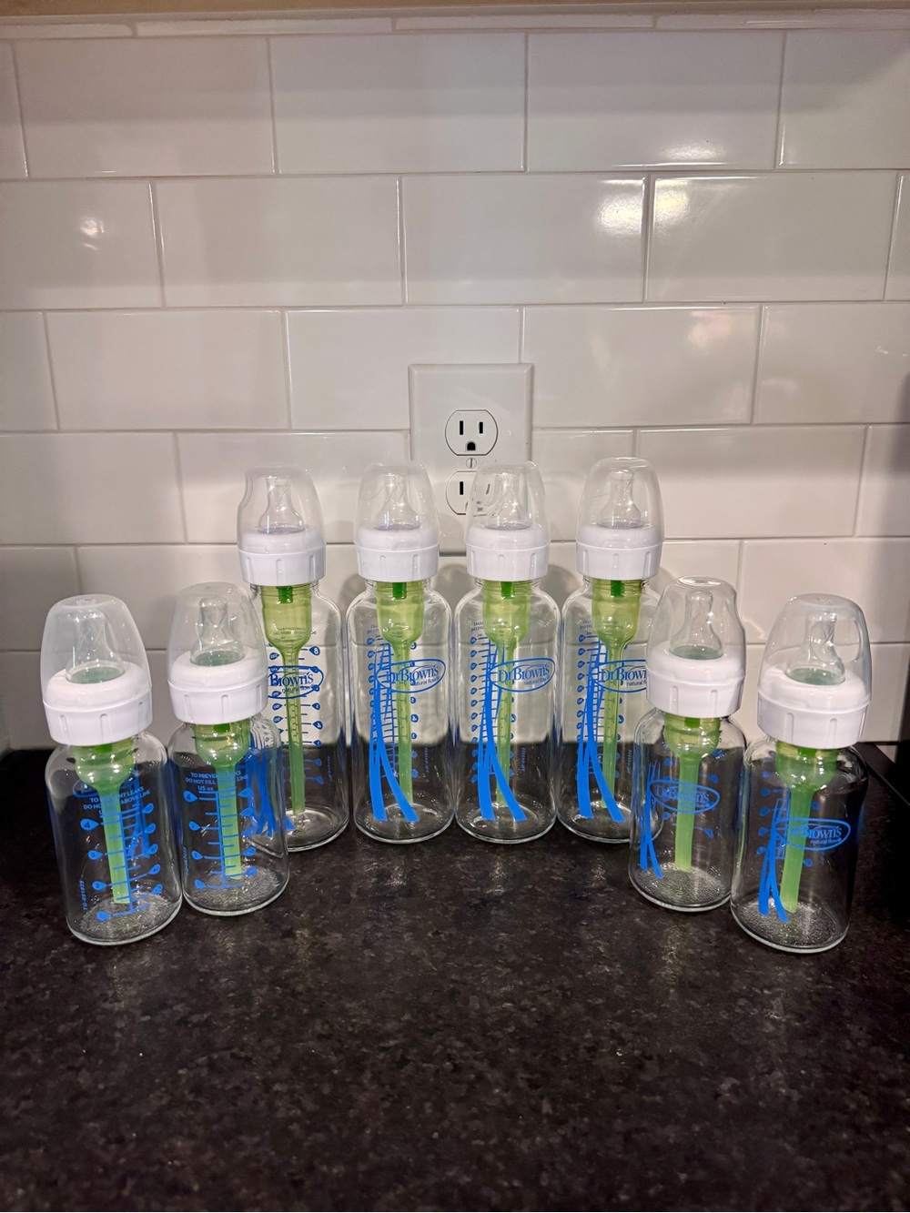 Dr. Brown's Clear Glass Baby Bottles with White Caps and Green Vents - Pack of 8